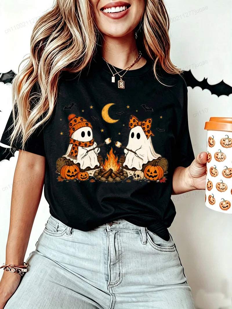 Women Halloween-Cute-Ghost-Camping-Fall Graphic T Shirt Casual Short Sleeve Tee Top Holiday T-shirt Women Fashion Daily Outfits