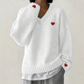Heart Embroidery Sweater Women's V Neck Oversized Pullover Romantic Casual Top