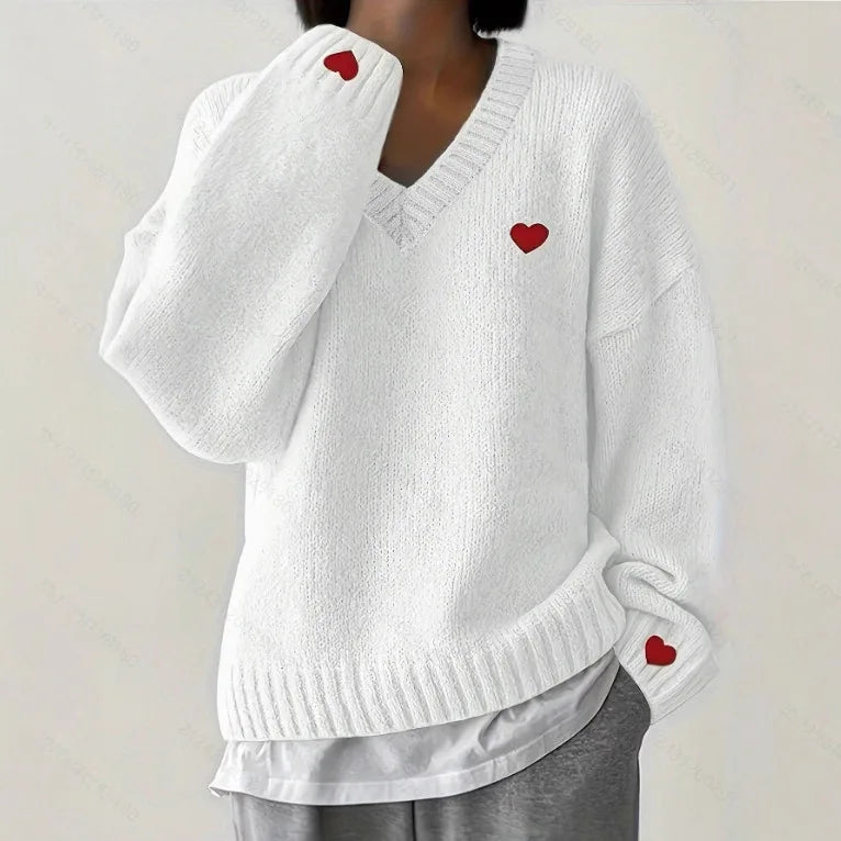 Heart Embroidery Sweater Women's V Neck Oversized Pullover Romantic Casual Top