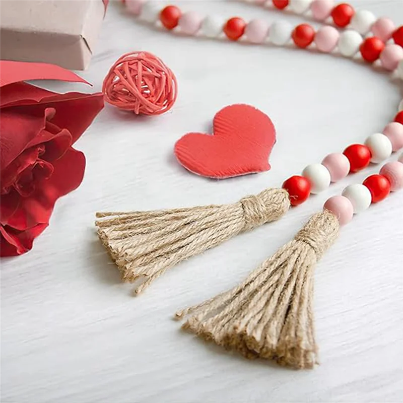Valentine's Day Wood Bead Garland Farmhouse Beads With Tassel, Big Wall Hanging Decor-AT64