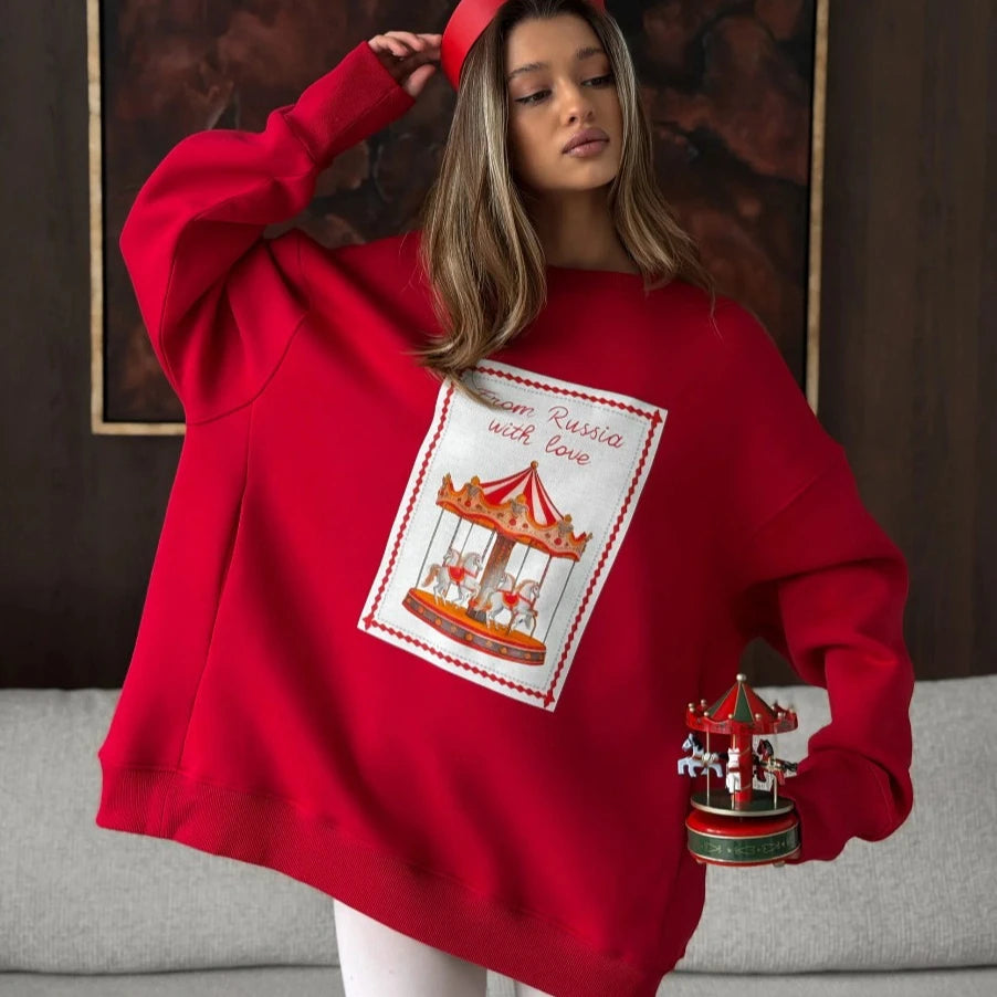 Christmas Sweet Women Oversized Red Crewneck Sweatshirt "From Russia with Love" Carousel Print Retro Festive Holiday Pullover