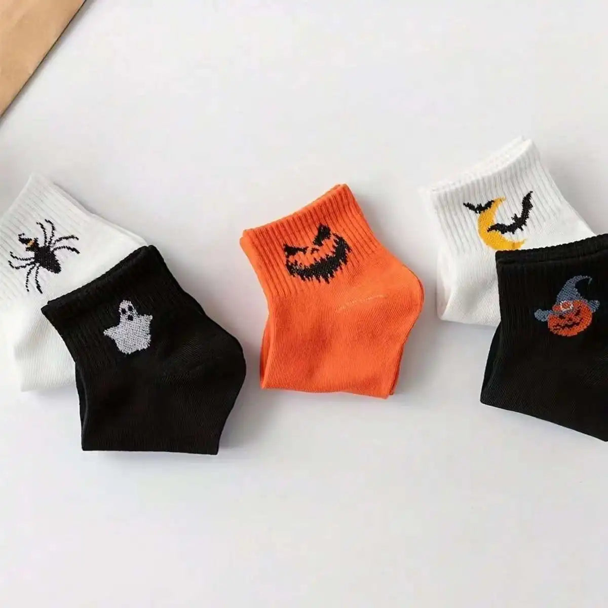 5-Pair Halloween Novelty Socks for Men: Spooky Designs, Breathable Cotton, Mid-Calf, Party Favors