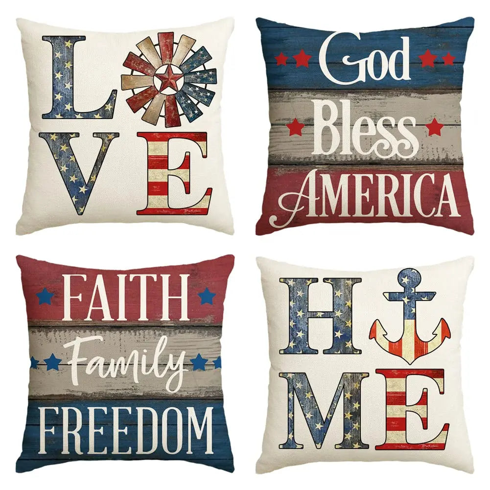 4th of July Pillow Covers 18x18 Set of 4 God Bless America Stars Flower Independence Day Decor Memorial Day Throw Cushion Case