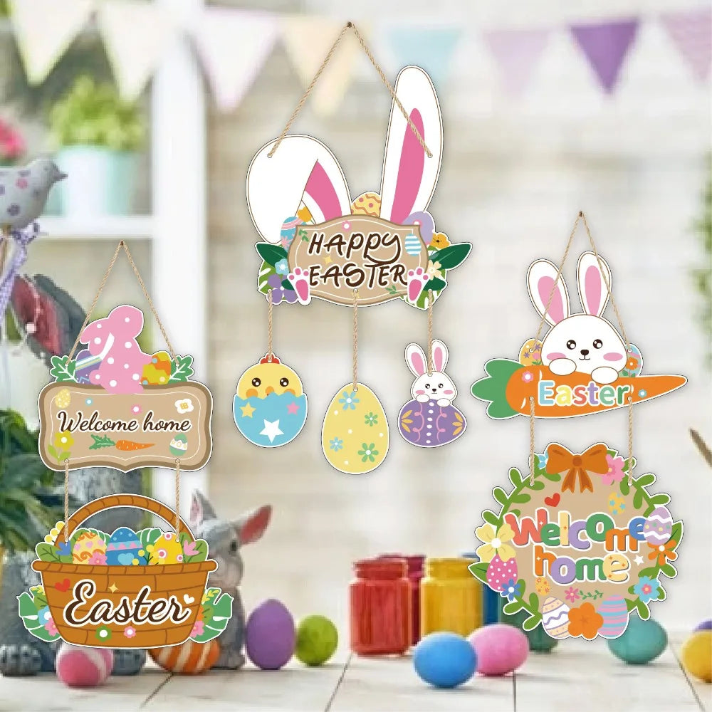 Happy Easter Cartoon Easter Door Hanger Paper Colorful Easter Hanging Ornament Handmade Bunny Egg Decor Wall Decor