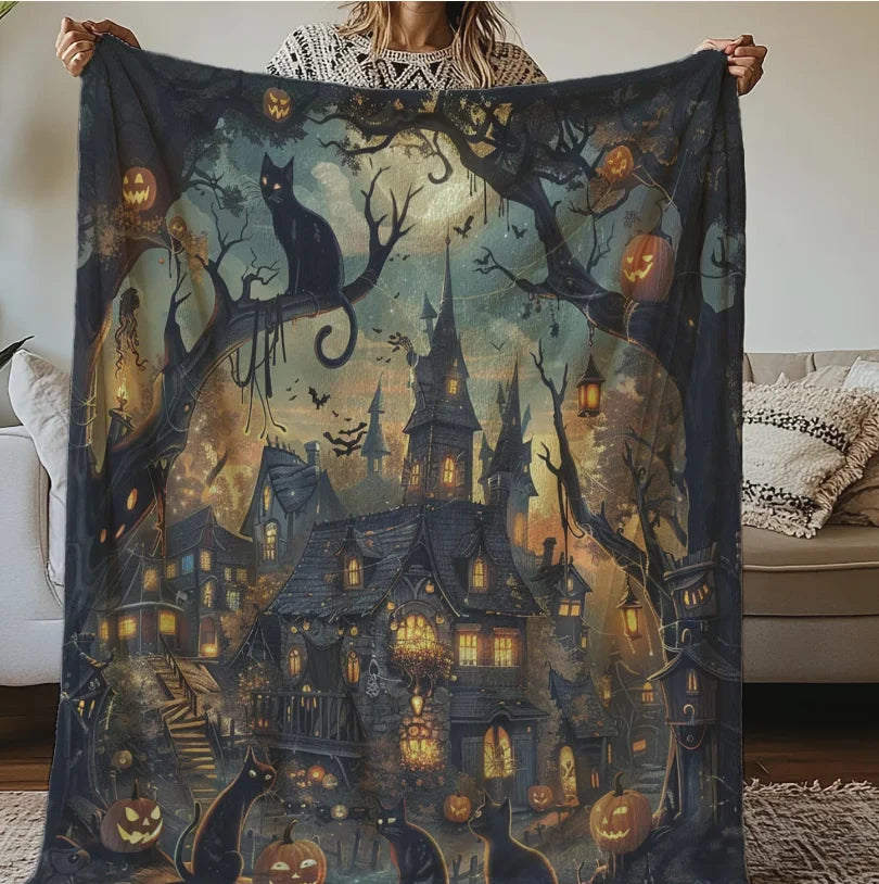 Halloween Quilt Blanket, Black Cat Ghost Pumpkin Throw, Spooky Bedding Decor Patchwork Blanket, Cozy Fall Halloween Home Decor