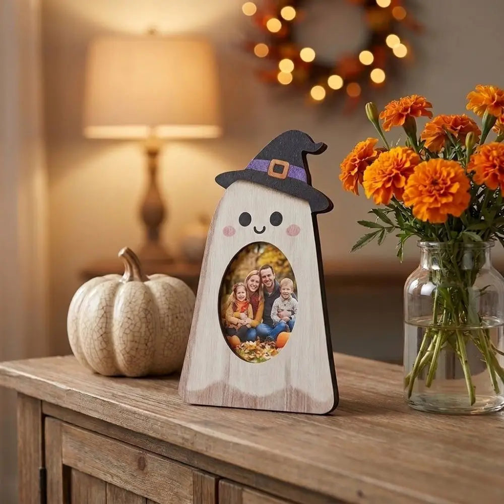 Desktop Decoration Cute Halloween Ghost Picture Frame Wooden Handmade Desktop Ghost Ornament Rustic Tabletop Frame Dorm Decor