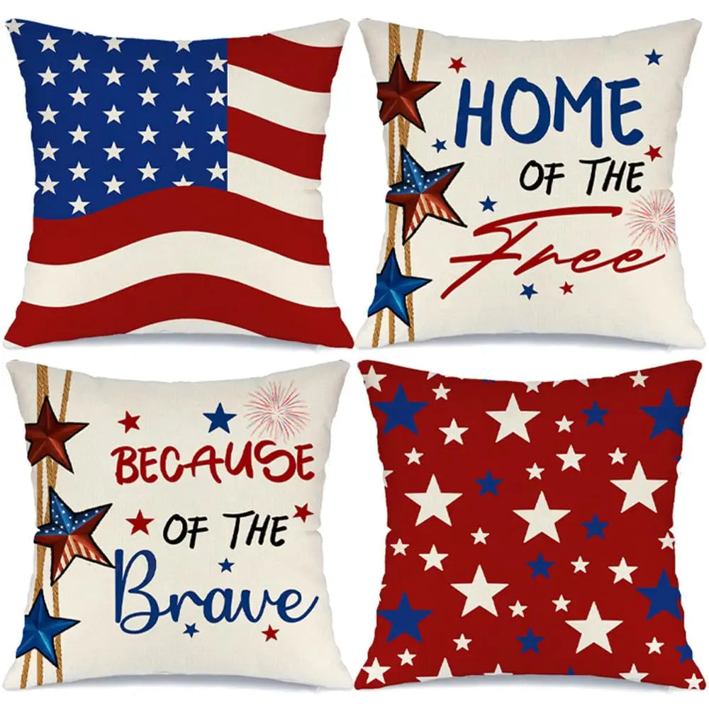 4th of July Pillow Covers 18x18 Set of 4 God Bless America Stars Flower Independence Day Decor Memorial Day Throw Cushion Case