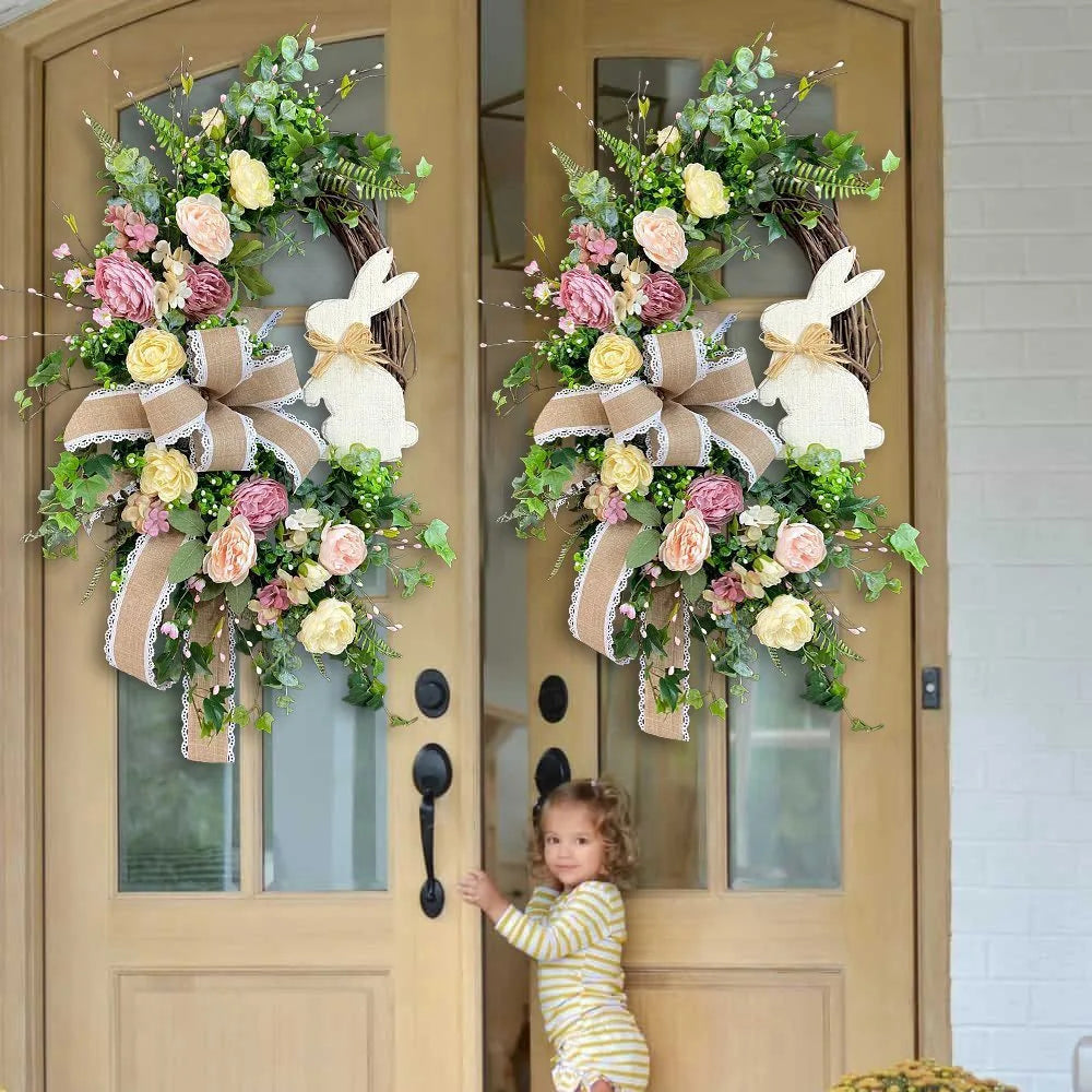 Easter Rabbit Front Door Wreath for Front Door,Easter Bunny Butt Shape Garland Wall Decor Spring Wreath Decoration