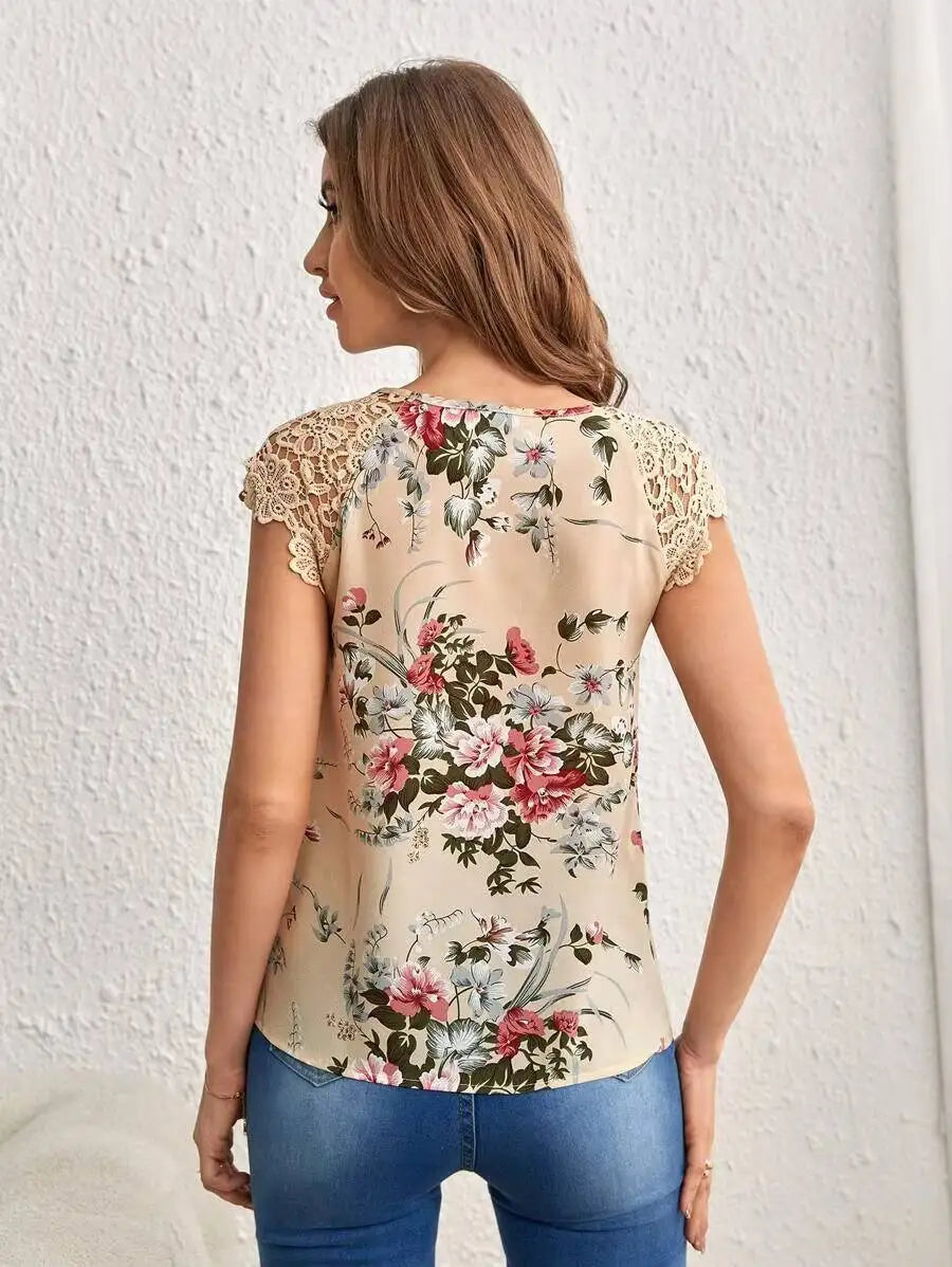 Women T-Shirt Spring Summer Light Beige Floral Print Round Neck Keyhole Shoulder Lace Sleeveless Sweet Elegant Daily Casual Top