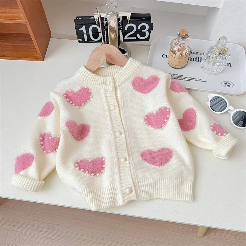 Girls Spring and Autumn New Korean Style Sweet Casual Heart-shaped Sweater Cardigan