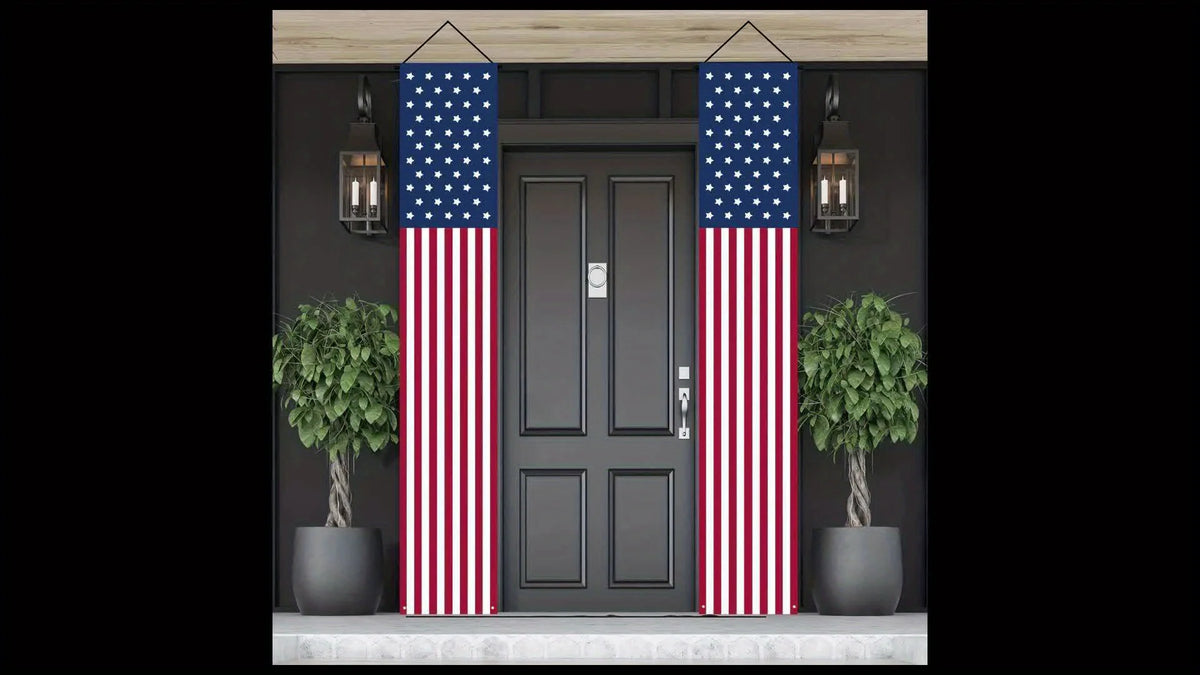 2Pcs 4th of July Patriotic Door Banners USA Flag Porch Signs for Independence Day Party Decorations Front Door Hanging Decor