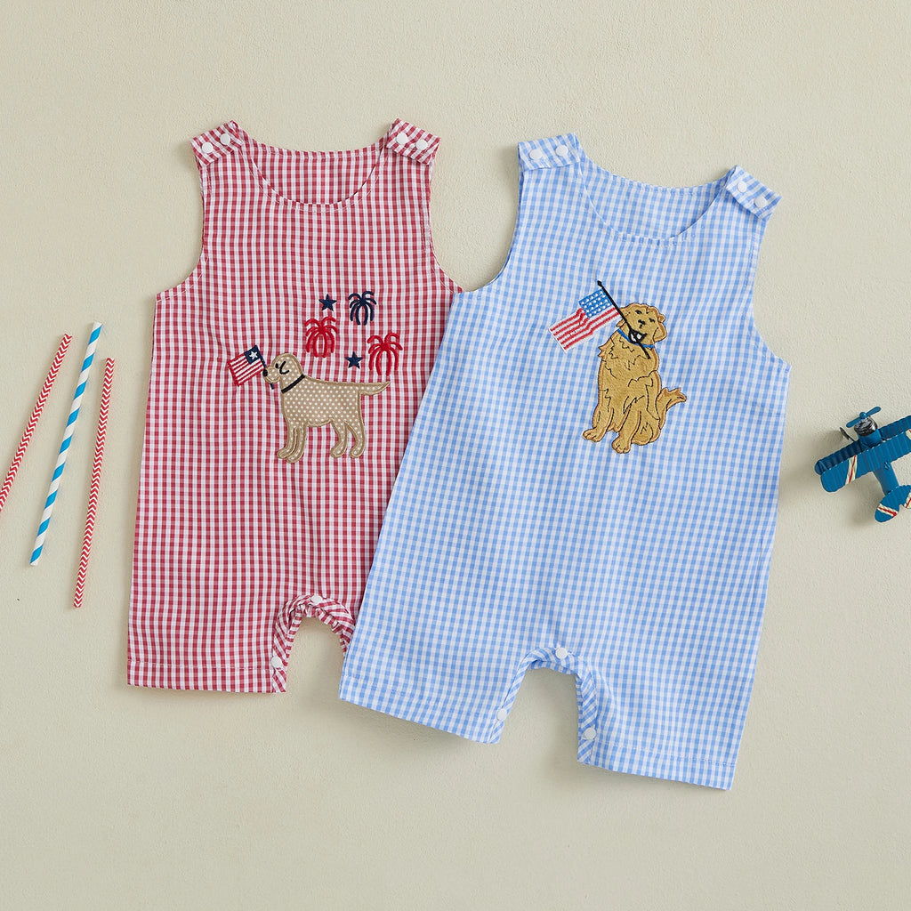 Citgeett Summer Independence Day Infant Boys 4th of July Jumpsuit Sleeveless Flag Embroidery Plaid Romper Clothes