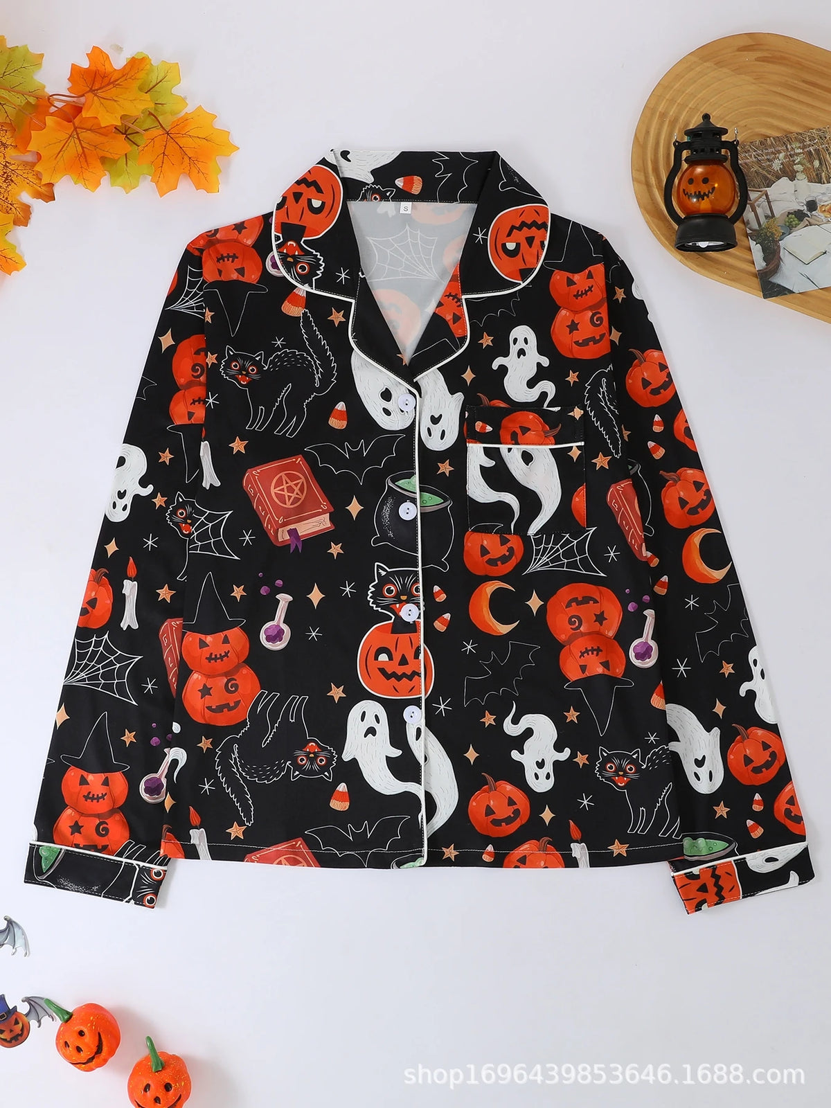 Halloween Women 2Pcs Pajama Set V Collar Long Sleeve Shirt Long Trousers Ghost Skull Moon Print Casual Home Sleepwear