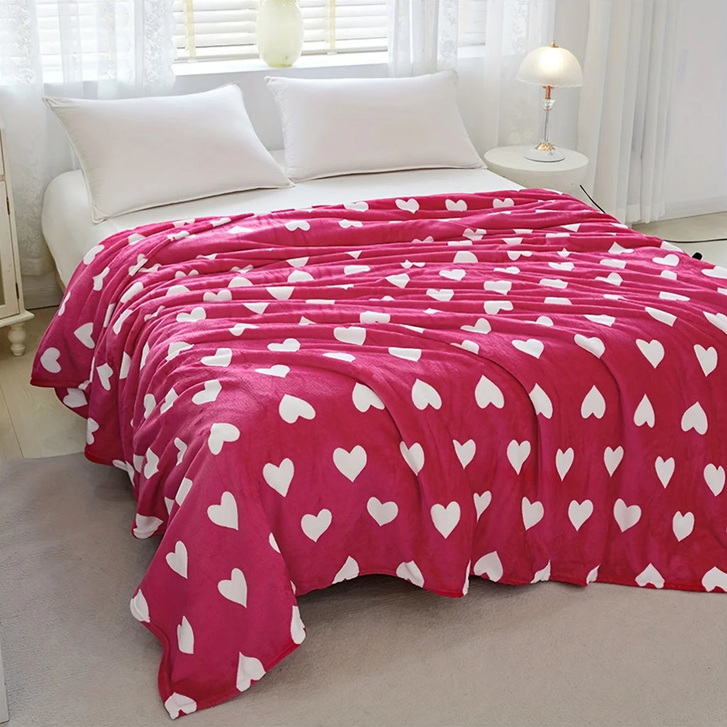 1pc Pink Heart Valentine's Day Flannel Throw Blanket 2D Soft Warm for Bedroom Living Room & Camping All Season