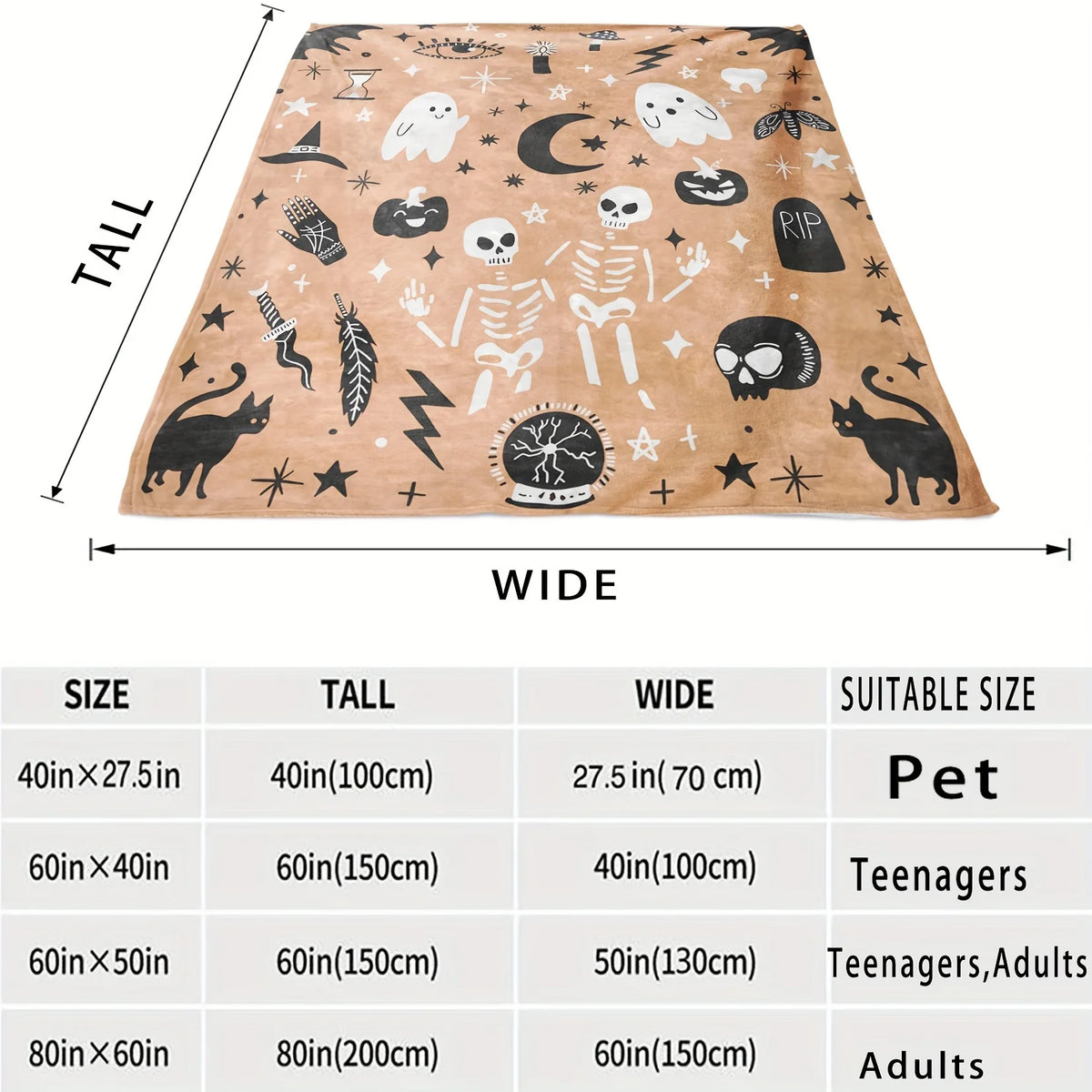 Halloween Throw Blanket - Cute Kawaii Ghosts and Skeletons, Gothic Witchy Pumpkin Motif, Cozy Flannel Fleece for Home