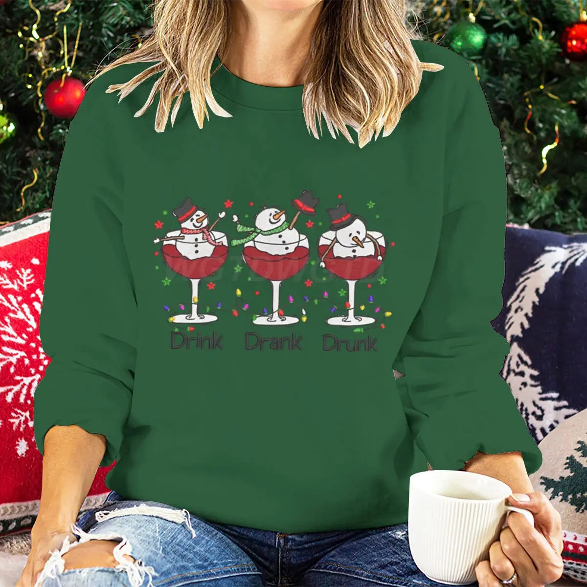 Women Wine Glass Christmas Sweatshirt Jumper Xmas Gifts Cartoon Top Long Sleeves Funny Cute Snowman Harajuku Fashion Sweater