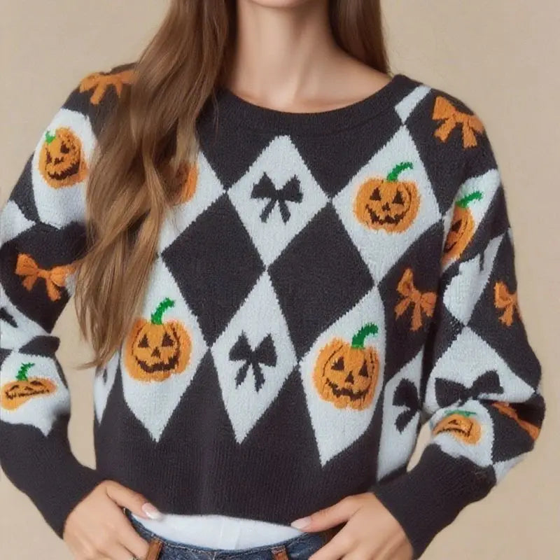 Combhasaki Women Halloween Knitted Sweater Jumpers Round Neck Long Sleeve Pumpkin Bowknot Print Cropped Knitwear Pullover Tops