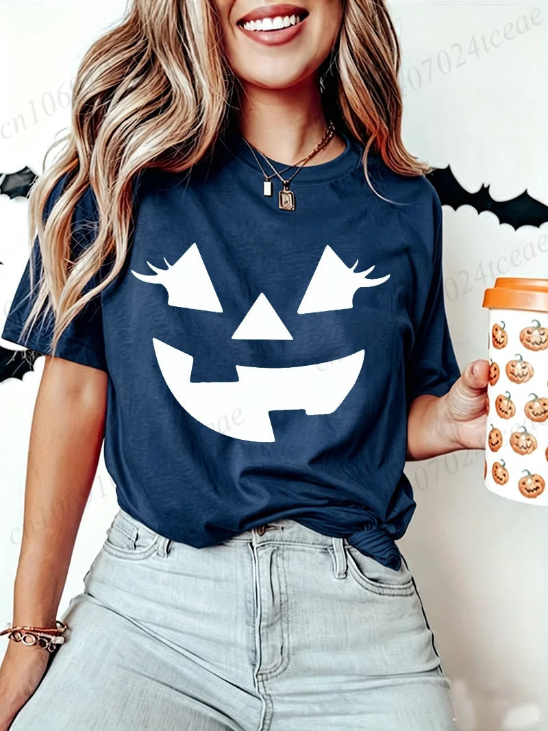 Funny Evil Pumpkin Face Halloween Women Tees Funny Spooky Season Tshirt Female Clothes Short Sleeve Tops Fashion Graphic Shirt