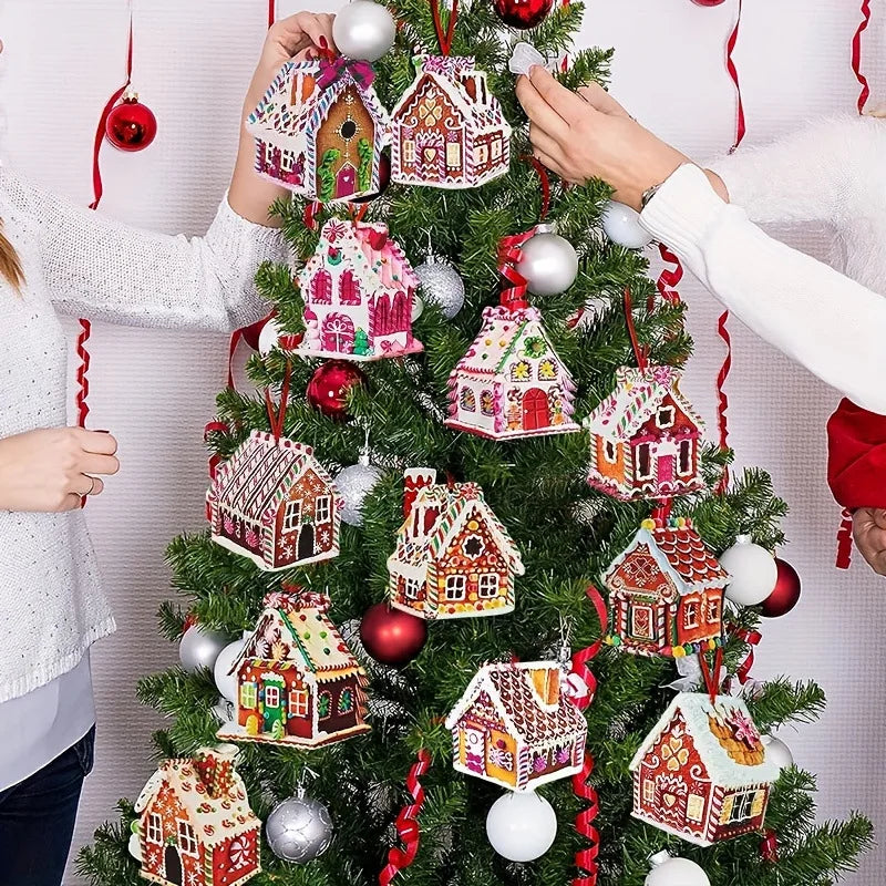 Christmas House Ornament Wooden Decorations Christmas Tree Hanging Ornaments Xmas Painted Wood Pendants for Holiday Decor