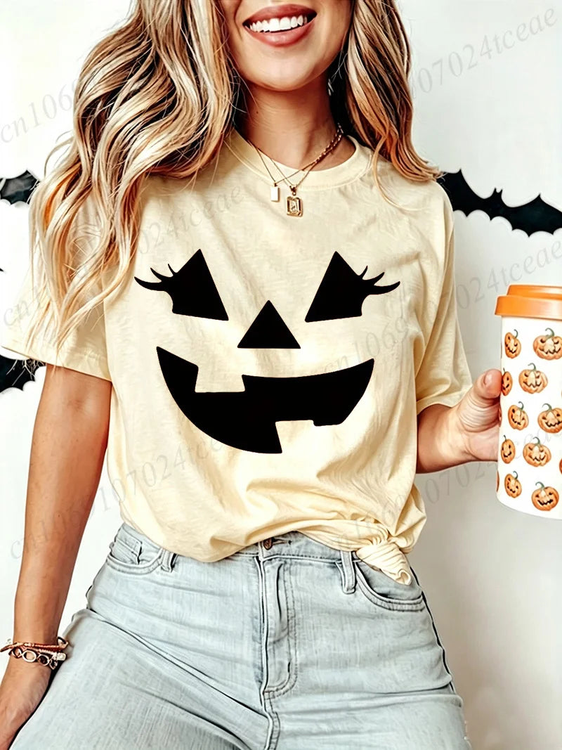Funny Evil Pumpkin Face Halloween Women Tees Funny Spooky Season Tshirt Female Clothes Short Sleeve Tops Fashion Graphic Shirt