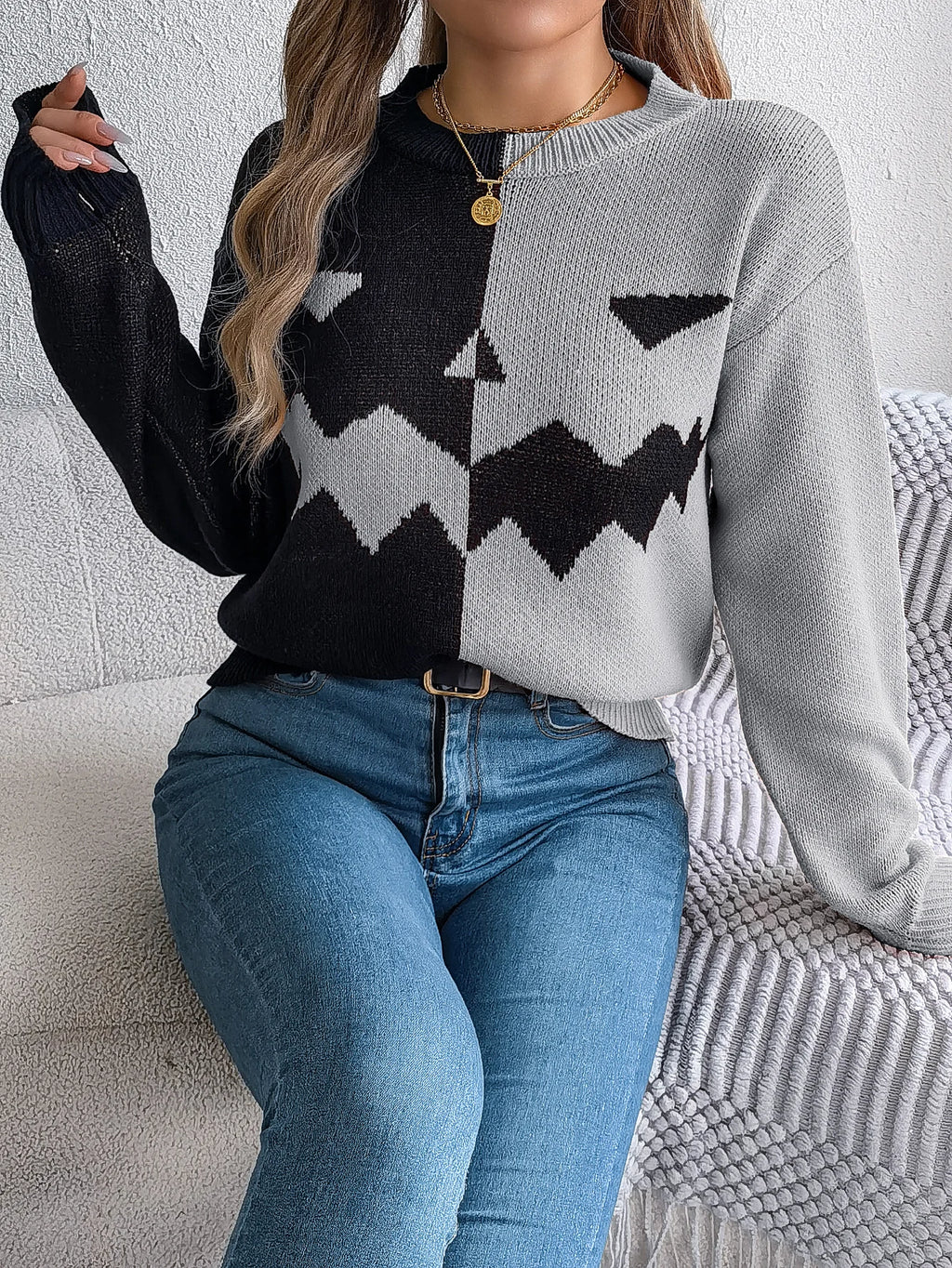 Halloween Women's Contrast Color Pumpkin Pattern Sweaters 2026 Autumn Winter Casual Round Neck Long Sleeve Knitted Pullover
