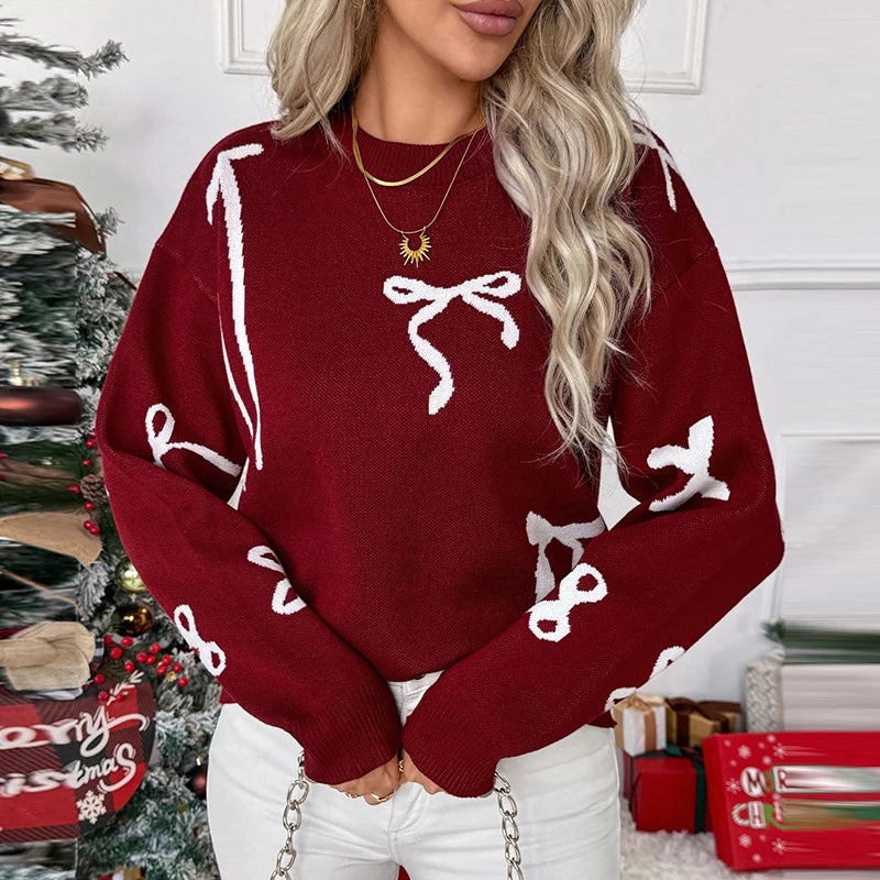 Christmas Sweater Women Casual O Neck Long Sleeve Printed Knitted Sweaters For Women Autumn Winter Jumper Red