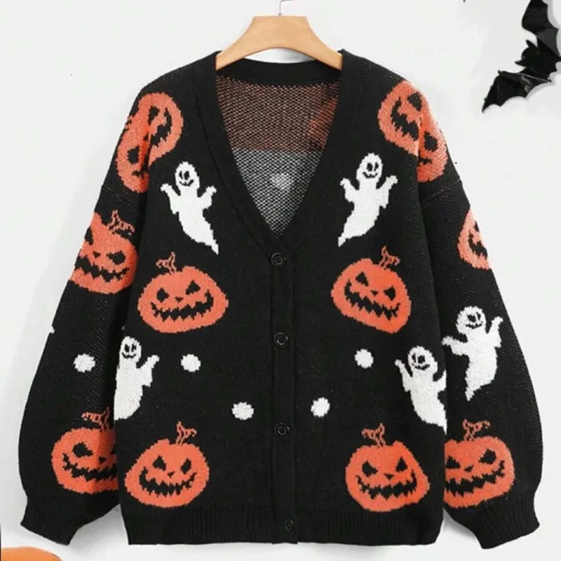 V Neck Cardigan Sweater Length Pumpkin Print Chunky Striped Loose Coat For Women Halloween Casual Autumn Outerwear