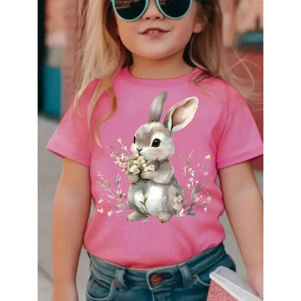 Summer EASTER Cute Bow Rabbit Print Children's Cotton Tshirt Casual Trendy Girls Short Sleeved Shirts Fashion Kids Clothes Tees