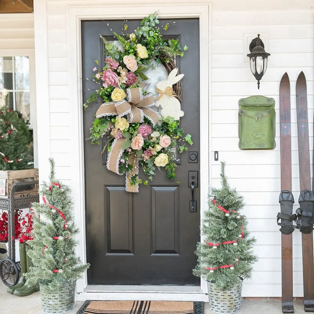 Easter Rabbit Front Door Wreath for Front Door,Easter Bunny Butt Shape Garland Wall Decor Spring Wreath Decoration