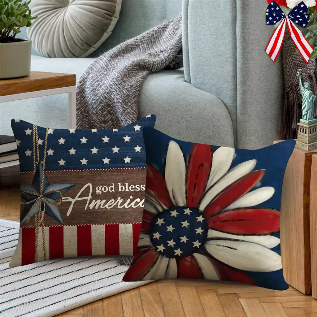 4th of July Pillow Covers 18x18 Set of 4 God Bless America Stars Flower Independence Day Decor Memorial Day Throw Cushion Case