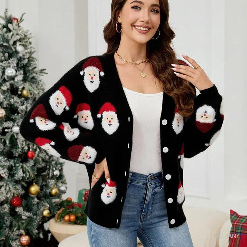 Women's Christmas Sweater Jacket Cosplay Santa Claus Print Warm Soft Knit Cardigan New Year Clothing Christmas Party Cardigan