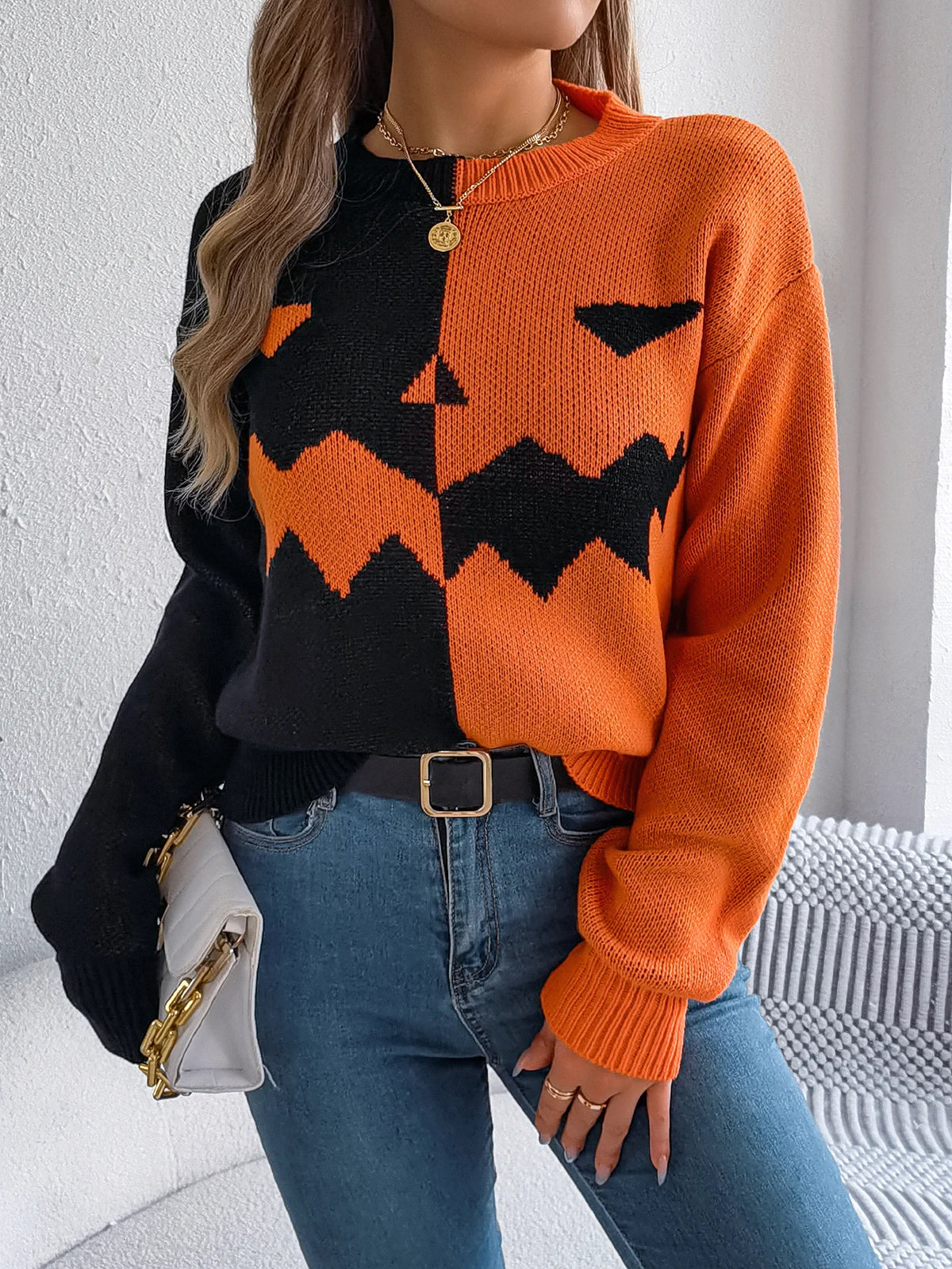 Halloween Women's Contrast Color Pumpkin Pattern Sweaters 2026 Autumn Winter Casual Round Neck Long Sleeve Knitted Pullover