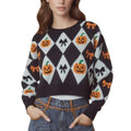 Combhasaki Women Halloween Knitted Sweater Jumpers Round Neck Long Sleeve Pumpkin Bowknot Print Cropped Knitwear Pullover Tops