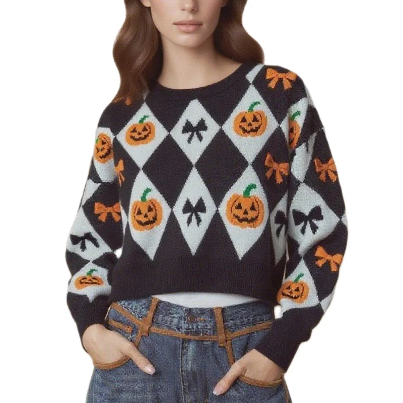 Combhasaki Women Halloween Knitted Sweater Jumpers Round Neck Long Sleeve Pumpkin Bowknot Print Cropped Knitwear Pullover Tops