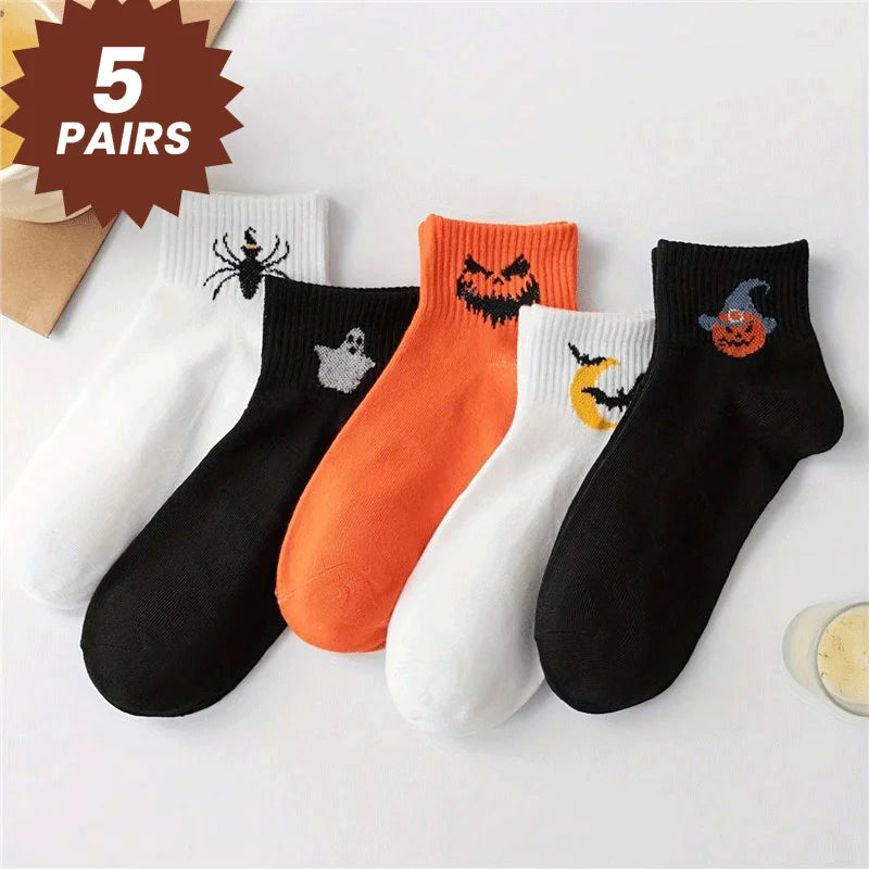 5-Pair Halloween Novelty Socks for Men: Spooky Designs, Breathable Cotton, Mid-Calf, Party Favors