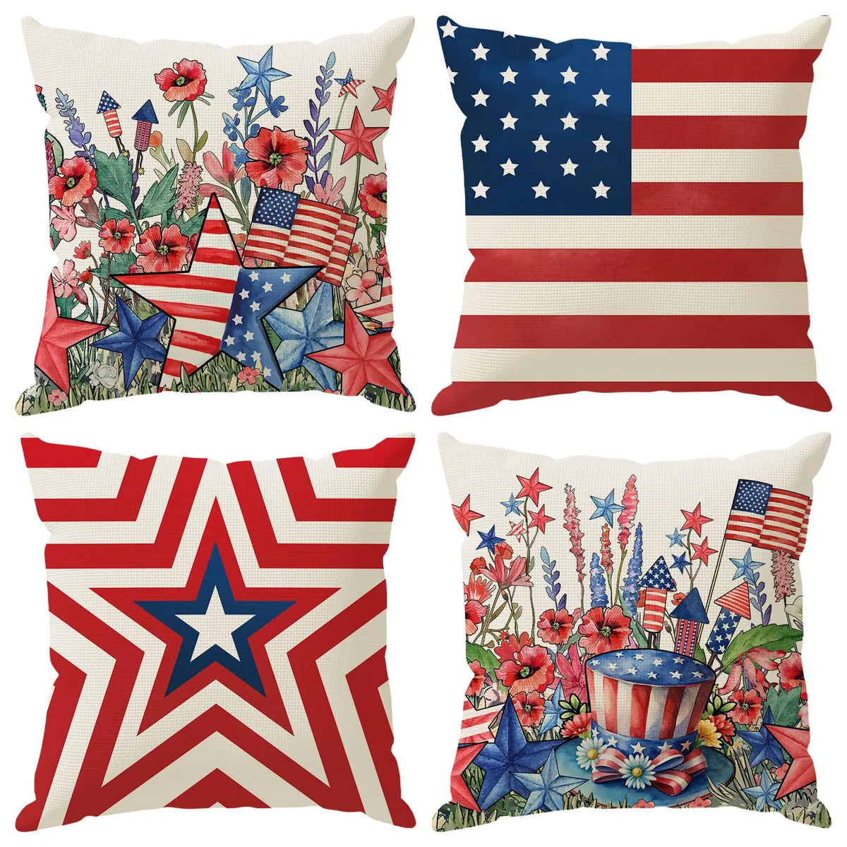 4th of July Pillow Covers 18x18 Set of 4 God Bless America Stars Flower Independence Day Decor Memorial Day Throw Cushion Case