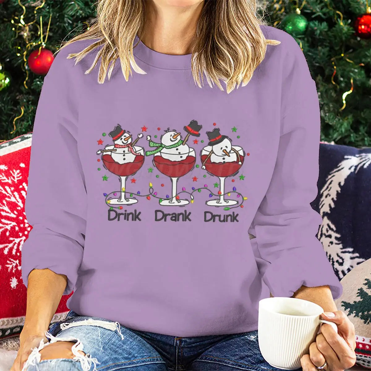 Women Wine Glass Christmas Sweatshirt Jumper Xmas Gifts Cartoon Top Long Sleeves Funny Cute Snowman Harajuku Fashion Sweater