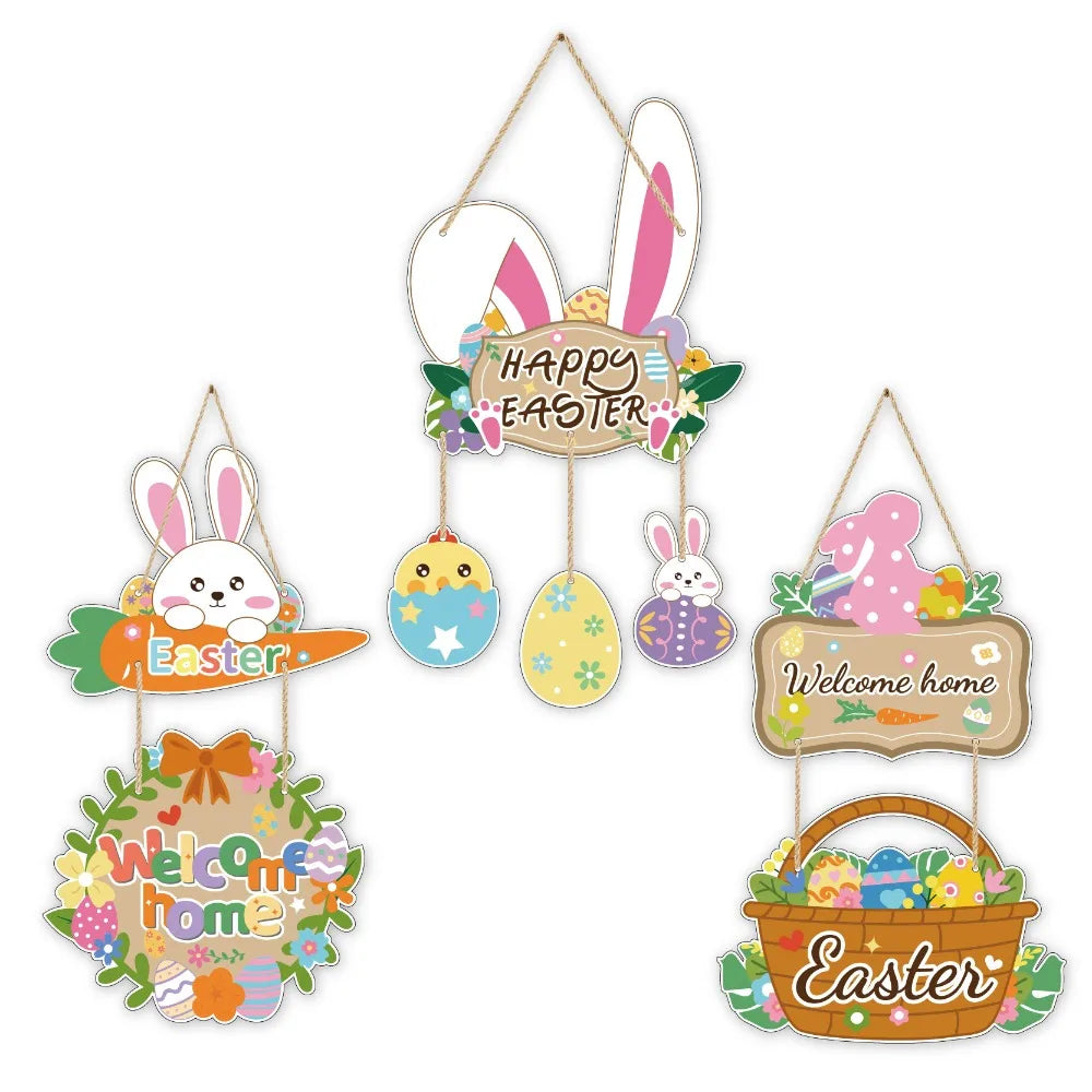 Happy Easter Cartoon Easter Door Hanger Paper Colorful Easter Hanging Ornament Handmade Bunny Egg Decor Wall Decor
