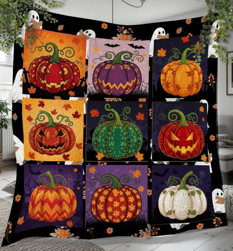Halloween Quilt Blanket, Black Cat Ghost Pumpkin Throw, Spooky Bedding Decor Patchwork Blanket, Cozy Fall Halloween Home Decor