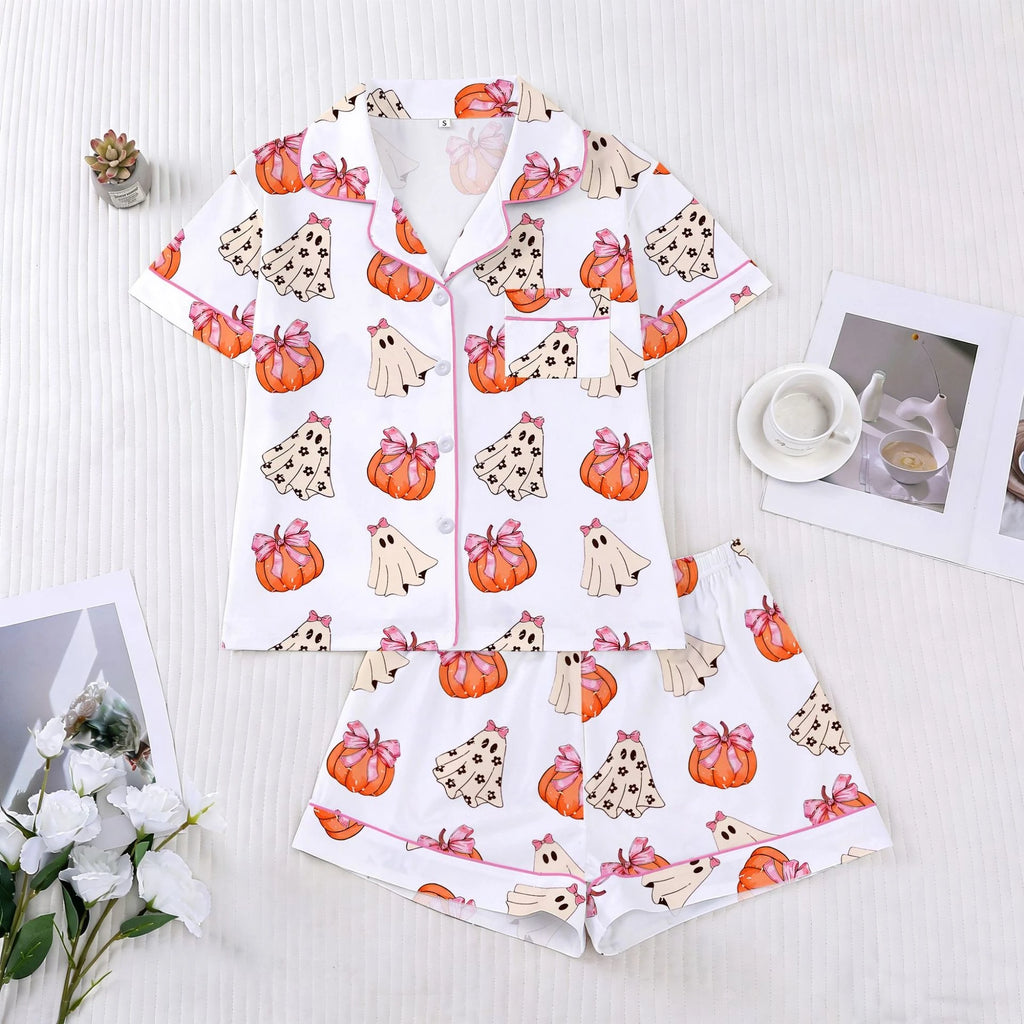 Women's Sleepwear Halloween Print Pajamas Set Collar Short Sleeved Shirt With Shorts Home Suit Set Loungewear Set Pyjama Suit