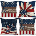 4th of July Pillow Covers 18x18 Set of 4 God Bless America Stars Flower Independence Day Decor Memorial Day Throw Cushion Case