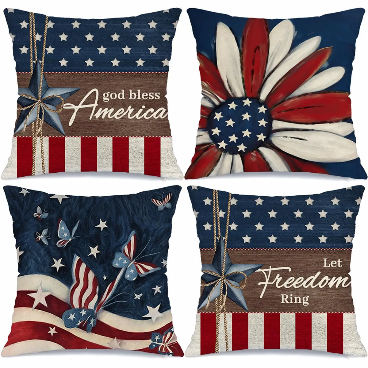 4th of July Pillow Covers 18x18 Set of 4 God Bless America Stars Flower Independence Day Decor Memorial Day Throw Cushion Case