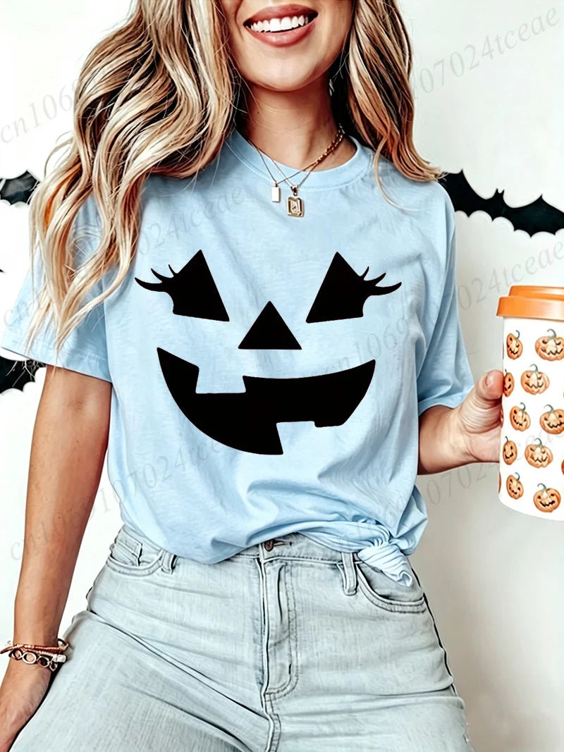 Funny Evil Pumpkin Face Halloween Women Tees Funny Spooky Season Tshirt Female Clothes Short Sleeve Tops Fashion Graphic Shirt