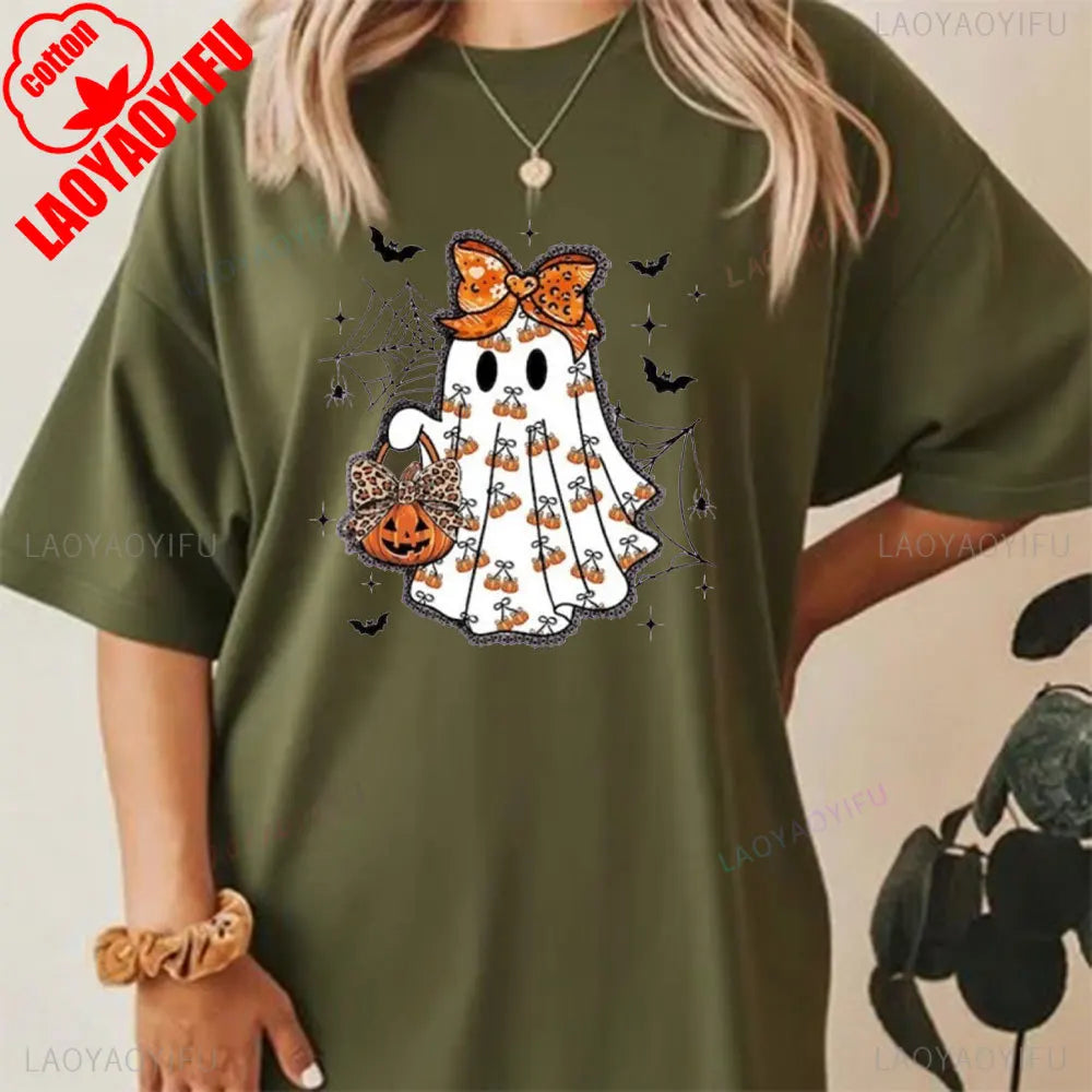 Cute Ghost Halloween Shirt Pumpkin Bow Spooky Season Tee Fall Aesthetic Pumpkin T-Shirt Women Aesthetic Clothes Short-sleeve