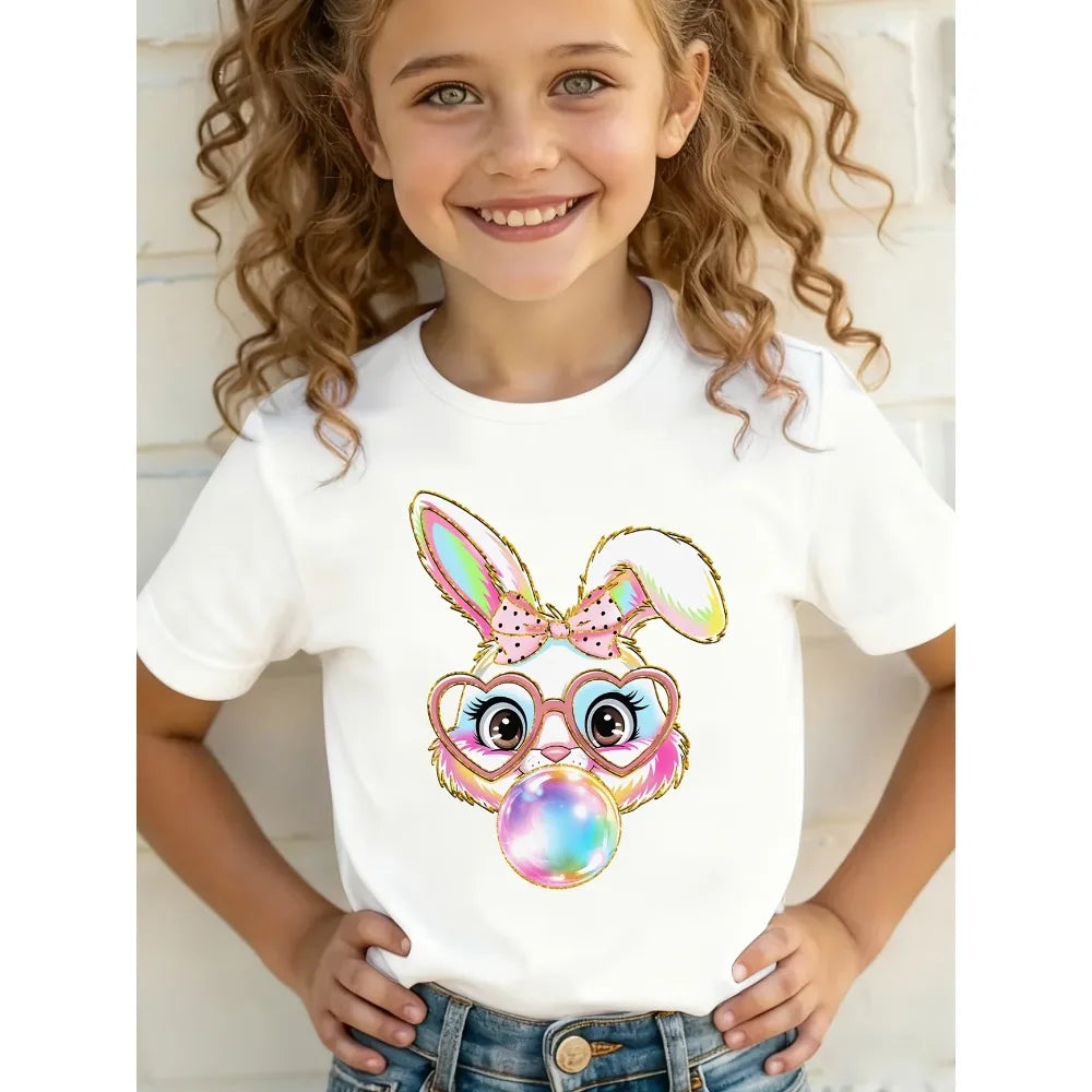 Summer EASTER Cute Bow Rabbit Print Children's Cotton Tshirt Casual Trendy Girls Short Sleeved Shirts Fashion Kids Clothes Tees