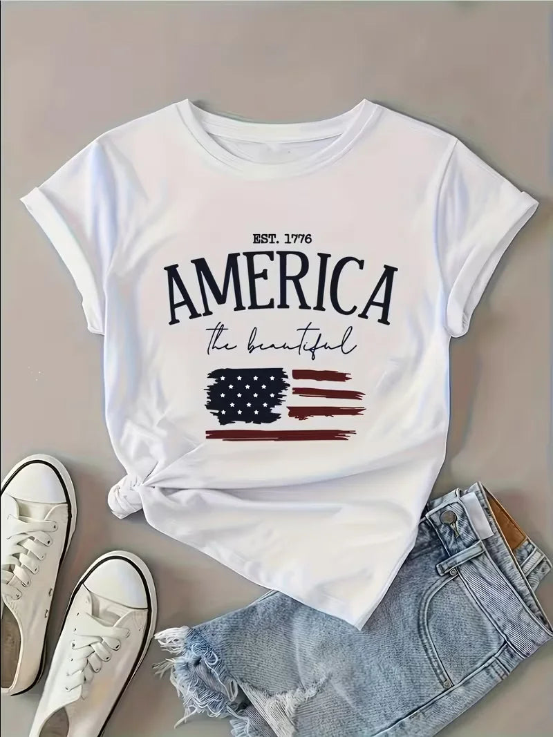 God Bless America Tee Women's Patriotic USA Flag Floral Bowknot Print T-Shirt - 4th of July Independence Day Design T-Shirts