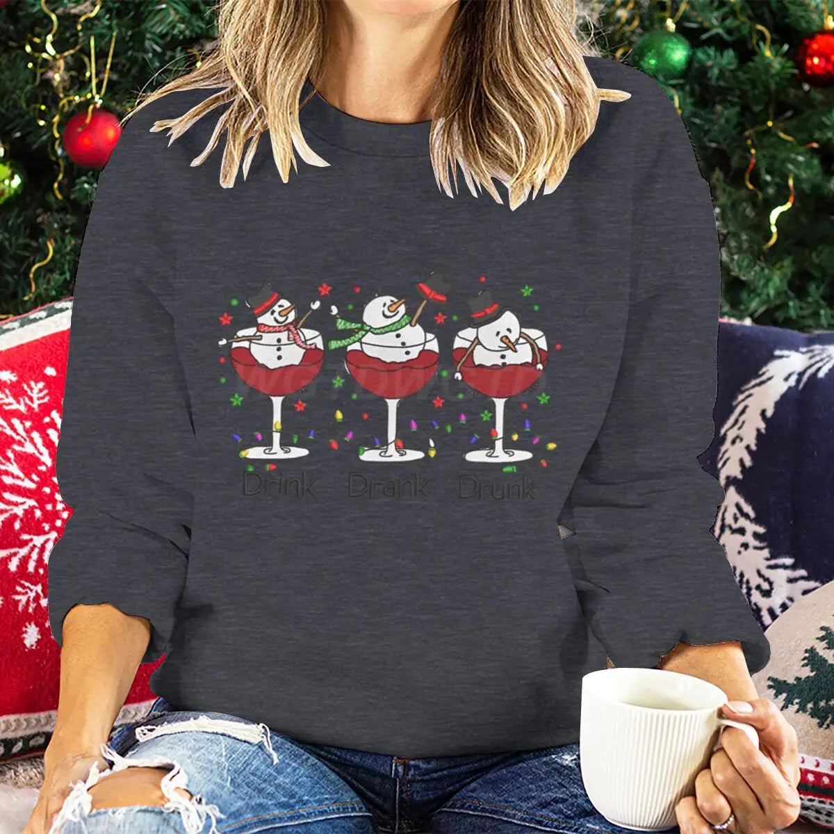 Women Wine Glass Christmas Sweatshirt Jumper Xmas Gifts Cartoon Top Long Sleeves Funny Cute Snowman Harajuku Fashion Sweater