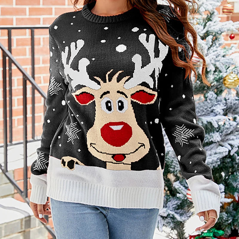 New Winter Women's Christmas Sweater Cartoon Allover Print Warm Soft Kniwear Jacquard Jumpers Lazy Style Look Wear Pullover Tops