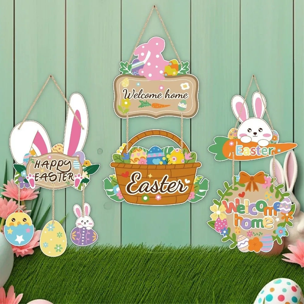 Happy Easter Cartoon Easter Door Hanger Paper Colorful Easter Hanging Ornament Handmade Bunny Egg Decor Wall Decor