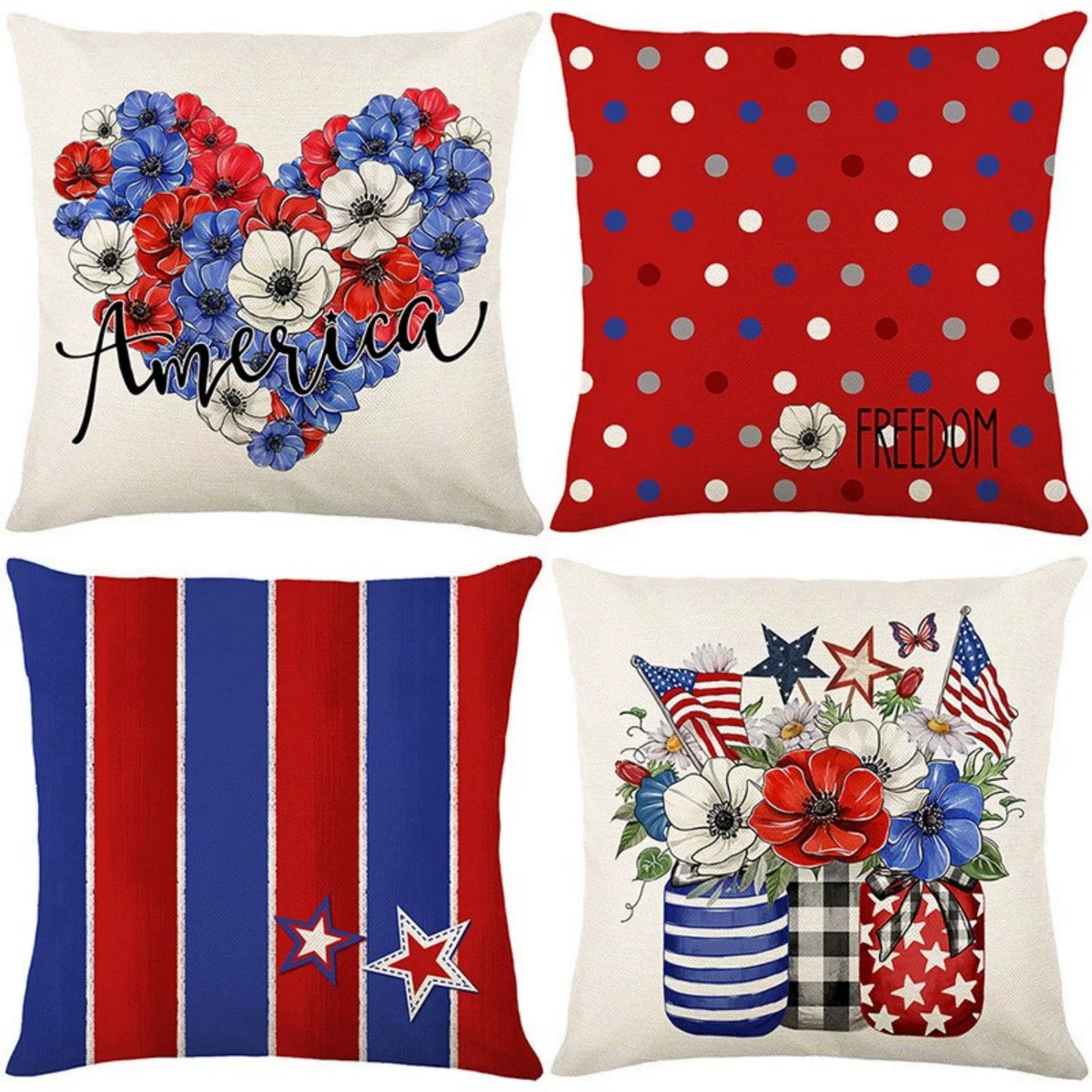 4th of July Pillow Covers 18x18 Set of 4 God Bless America Stars Flower Independence Day Decor Memorial Day Throw Cushion Case